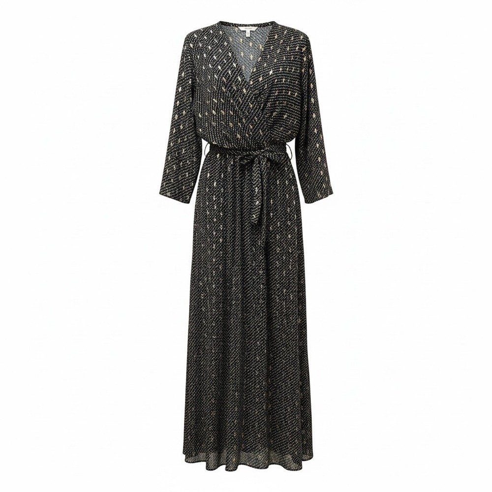 Rue Des Abbesses Paris Maxi Dress Black Gold Metallic Geometric Faux Wrap